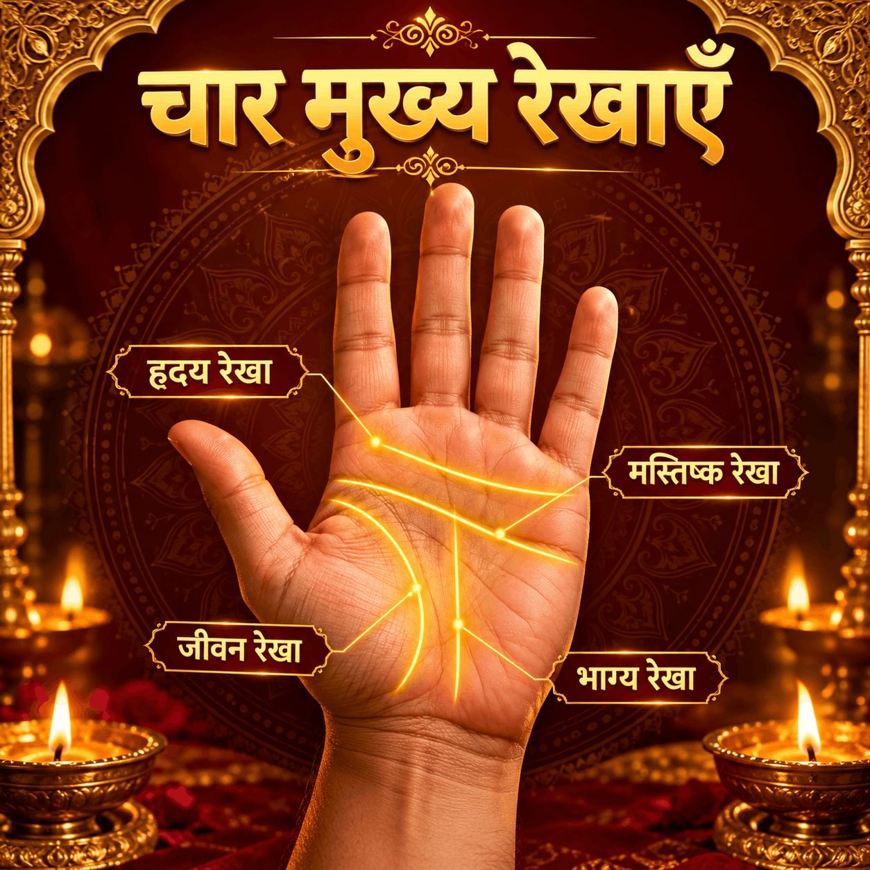 हथेली की चार मुख्य रेखाएँ – हृदय, मस्तिष्क, जीवन, भाग्य