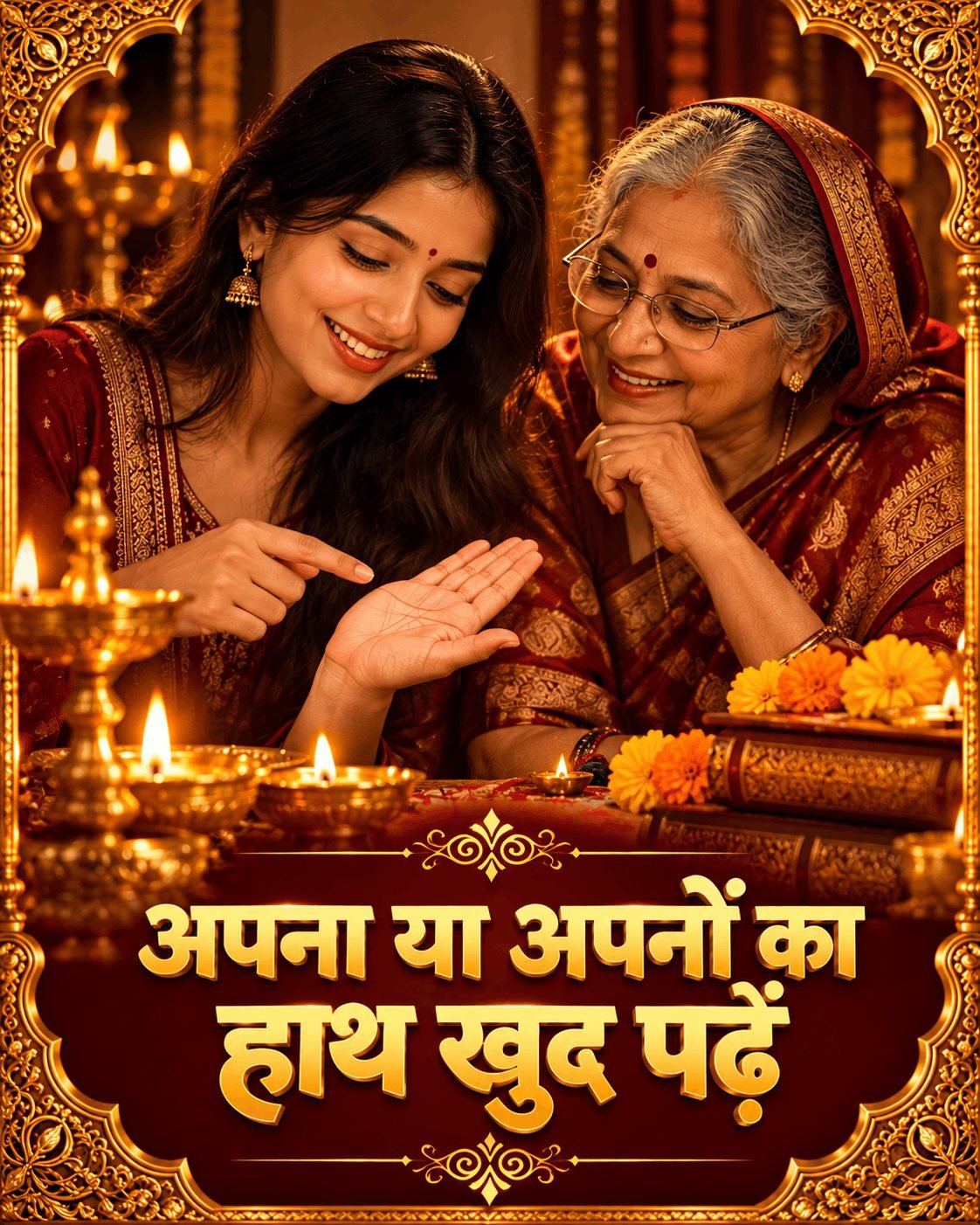 दादी और पोती दीये की रोशनी में हथेली की रेखाएँ पढ़ते हुए