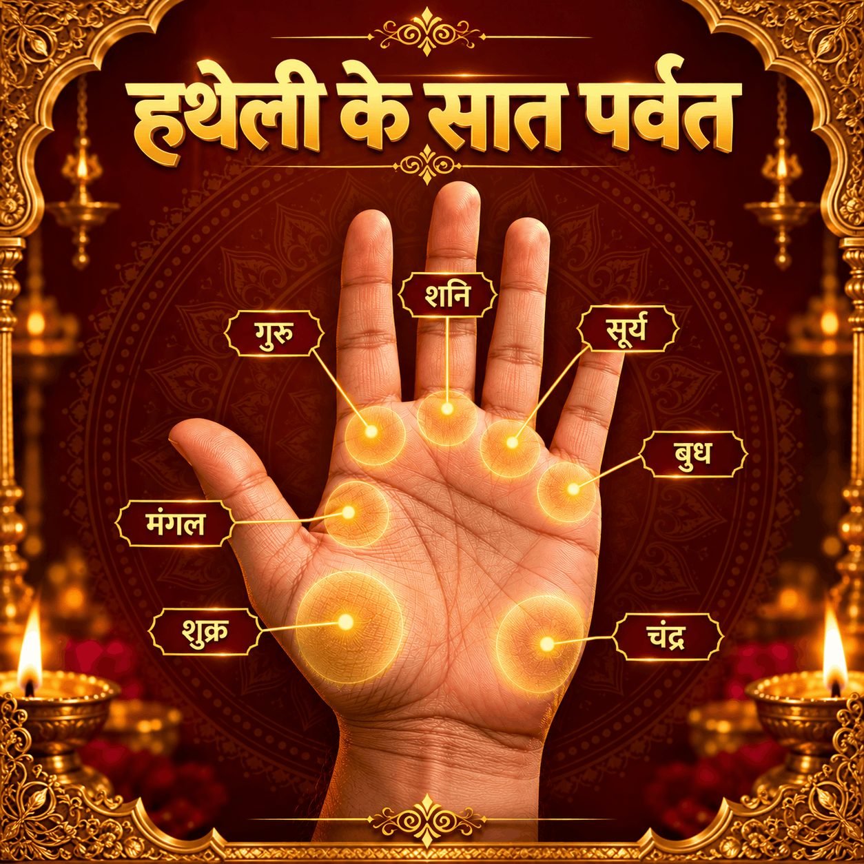 हथेली के सात पर्वत – गुरु, शनि, सूर्य, बुध, मंगल, शुक्र, चंद्र